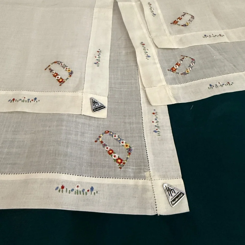 Vintage Herrmann‎ Handkerchiefs Embroidered Floral Monogram White Linen Set of 4